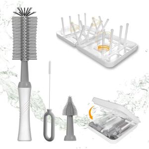 Baby Bottle Brush Set,Travel Essential-6 in 1 Bottle Cleaner Kit with Silicone Bottle Brush,Nipple Cleaner Brush,Straw Brush,Soap Dispenser,Storage Box,Bottle Drying Rack,Ideal Gifts (Manual Gray)