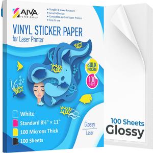 Printable Vinyl Sticker Paper for Laser Printer - Glossy White - 100 Self-Adhesive Sheets - Waterproof Decal Paper - Standard Letter Size 8.5"x11"