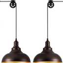 Oil Rubbed Bronze Pendant Light Hanging Lamps for Living Room Plug in 15FT Dimmable Switch Adjustable Pulley Hanging Lights with Cord for Kitchen Bedroom 2 Pack