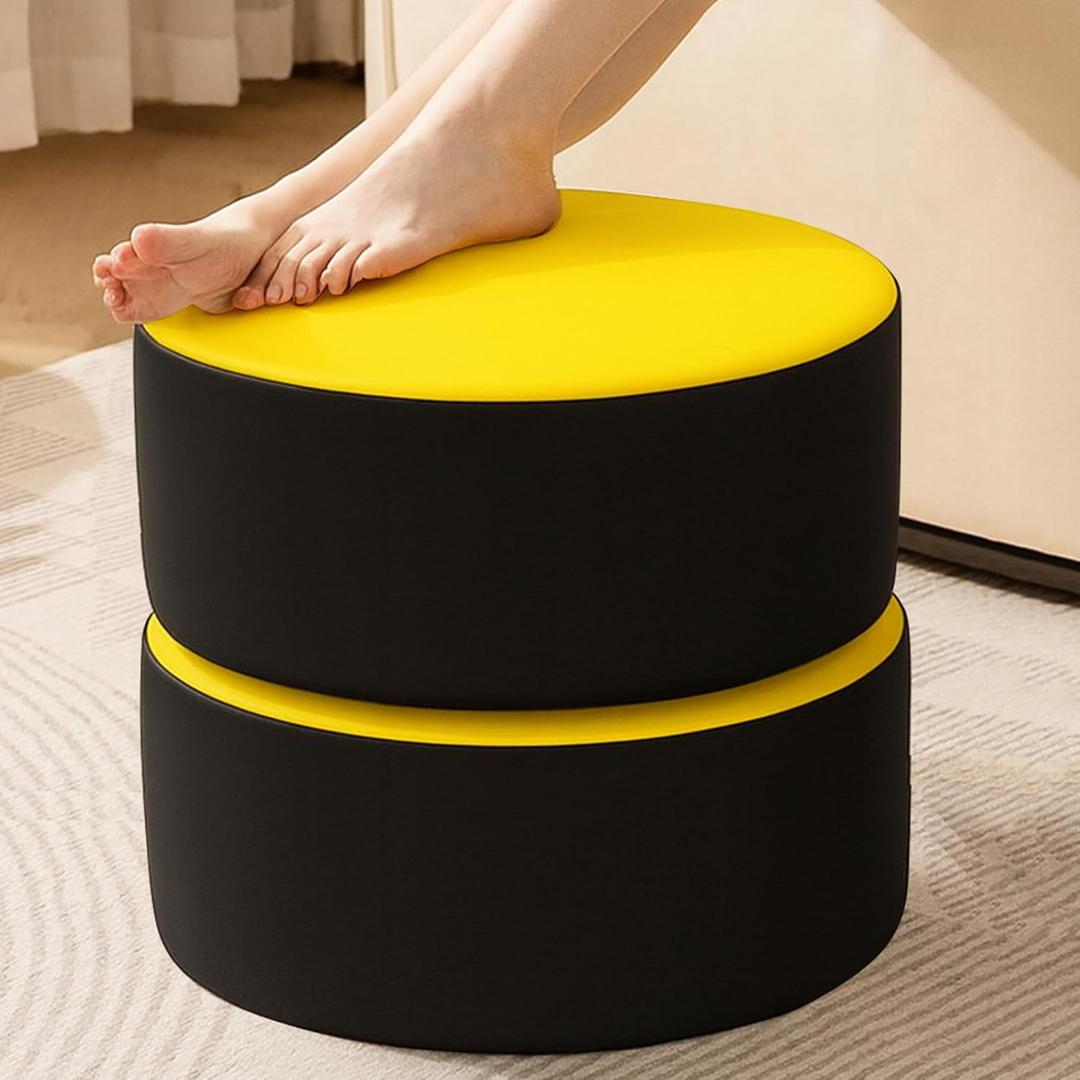 Round PU Leather Ottoman Foot Rest, Foam-Filled Pouf for Sofa and Living Room, Zippered Cover with Removable Foam Insert for Easy-Clean Care, 15.5" D x 8" H