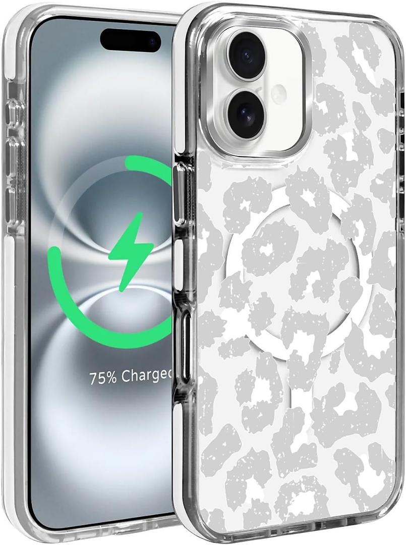 Magnetic for iPhone 16 Plus Case, Compatible with MagSafe, Wireless Slim Clear Shockproof Protective Cover for Women Girl - Gray White Leopard Print