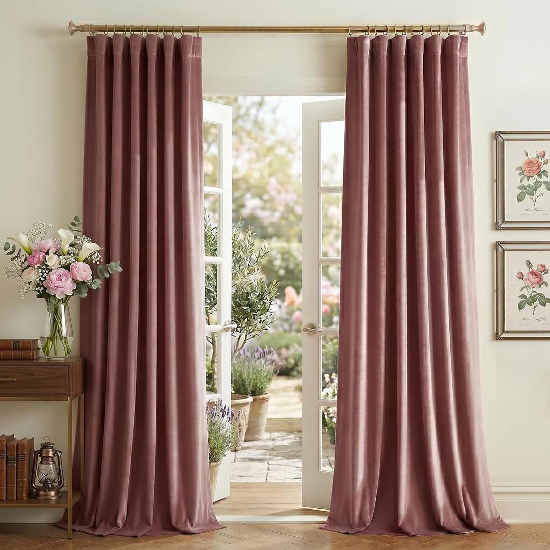 NICETOWN Dusty Rose Pink 90 inch Long Velvet Curtains Panel - Elegant and Beautiful Home Decor Window Drapes for Girls Pleat Tape with Back Tab, W52 x L90, Set of 2