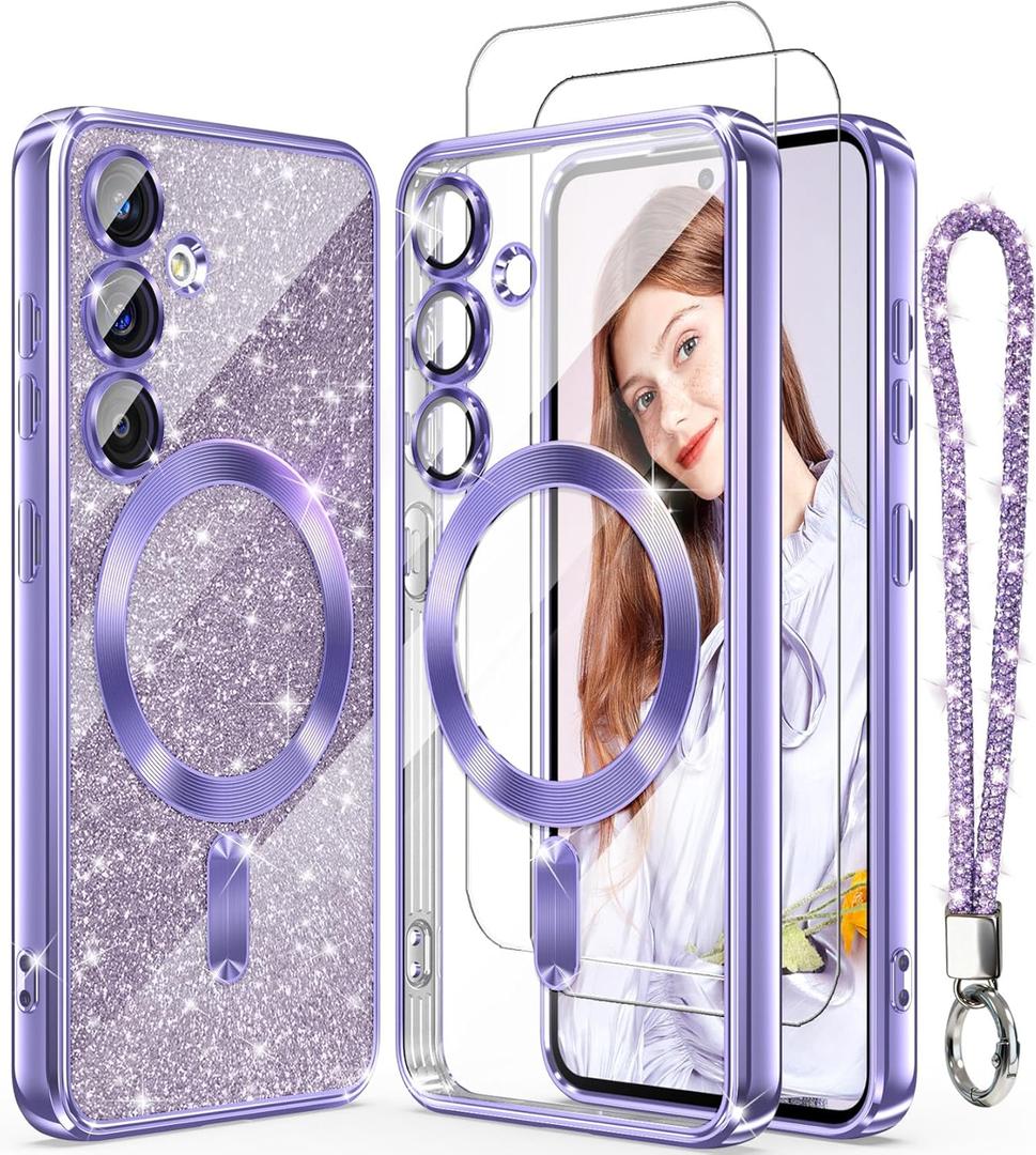 Magnetic for Samsung Galaxy S24 5G Case + 2X Screen Protectors,Luxury Plated Gold Edge [Glitter Card&Wrist Strap] Slim Soft Crystal Clear TPU Shockproof Case Cover for S24 5G-Light Purple
