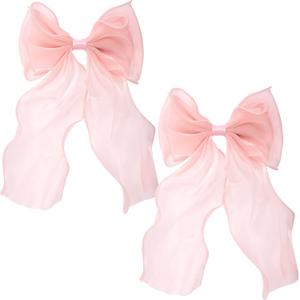 2Pcs Large Hair Bow Clips, Pink Silk Yarn Ribbon Bow Hair Barrette for Women, Elegant Long Tail Bowknot French Hair Accessories for Wedding, Parties, Festivals