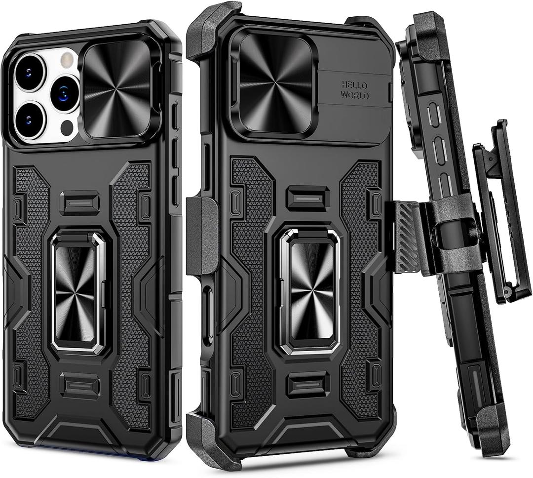 VEGO for iPhone 16 Pro Max Case, with Belt Clip Holster & Slide Camera Lens Protector & 360Rotatable Ring Kickstand Military Grade Heavy Duty Protection Cover for 16 ProMax 5G 6.9 Inch - Black