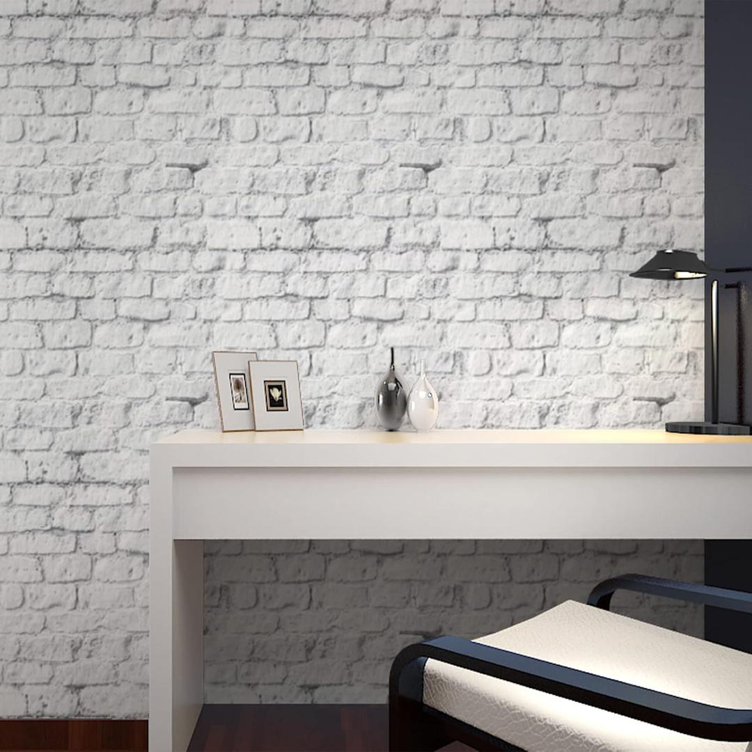 2 x Brick Wallpaper Peel and Stick 17.71" X 236" Self Adhesive Gray Vinyl Film Contact Paper 3D Stone Stick On Waterproof Wallpapers Bathroom Bedroom Backsplash (White)