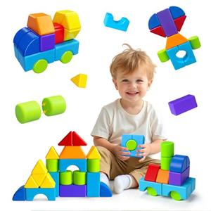 Pairez Toys Multi-Shape Magnetic Blocks, Large Stacking & Building Blocks Set, Preschool Educational Sensory Magnet Toys for Kids Ages 3-5 Year Old Boys & Girls Toddlers (20pcs)
