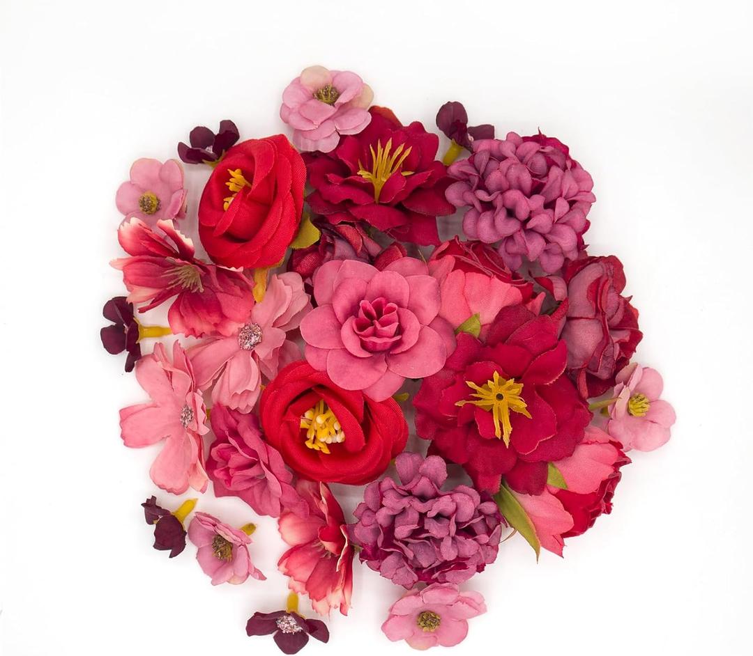 Artificial Flowers for Crafts, 24 Pcs Faux Flowers Heads Bulk, Silk Flowers Heads Fake Rose Daisy Peony Faux Flowers for Hair Decoration, Home Wedding, Wreath Making (Light Red)