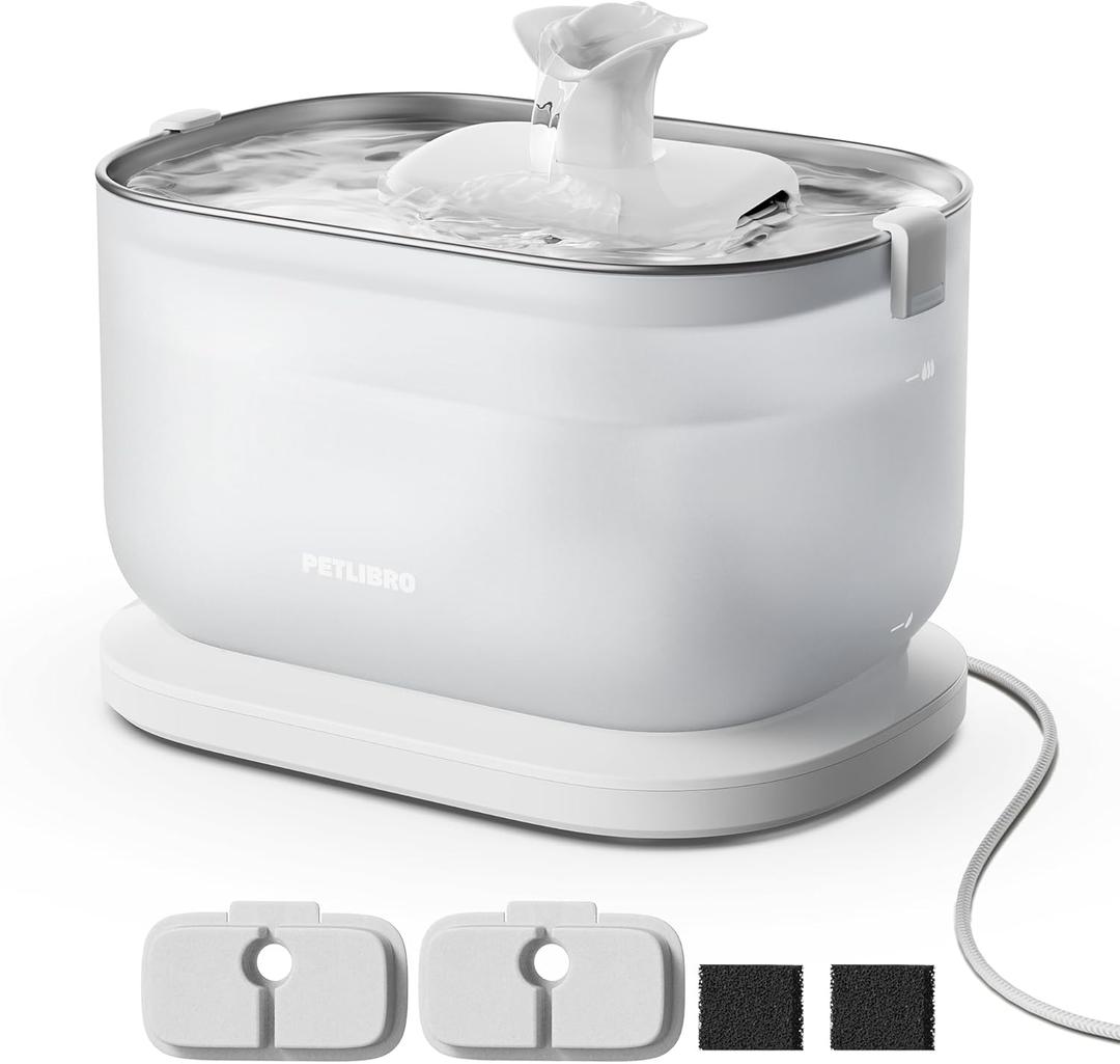 PETLIBRO Cat Water Fountain, Cat Fountain Indoor Stainless Steel Tray, 2.5L/84oz Wireless Pump Pet Water Fountain, Cat Water Dispenser with Two Flow Modes, Pet Fountain for Drinking Easy Clean (White)
