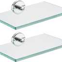 JQK Bathroom Glass Shelf Chrome, Tempered Glass Shower Storage 8 by 5 inches, 304 Stainless Steel Polished Chrome Wall Mount 1 Pack, TGS101L8-CH-P2