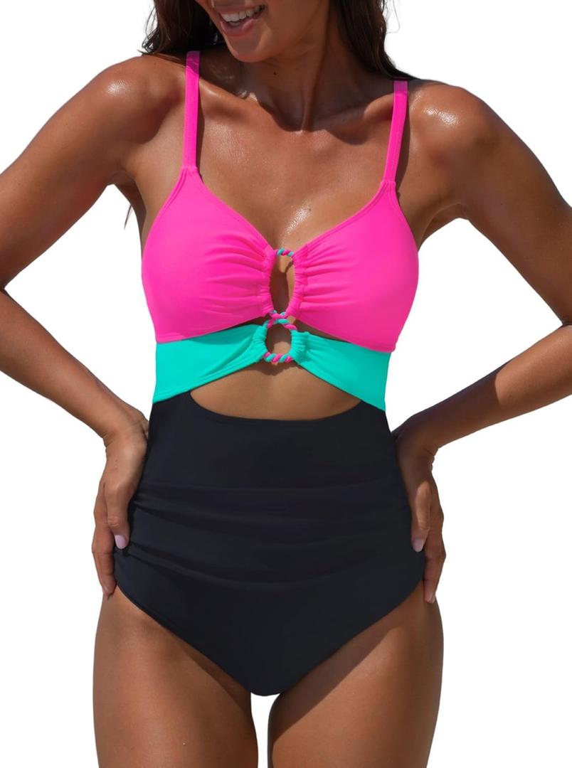 Popvil One Piece Swimsuit for Women 2025 Sexy Neon Swim Suits Cut Out Tummy Control Bathing Suit Braid Color Block Swimwear, Hotpink, Medium