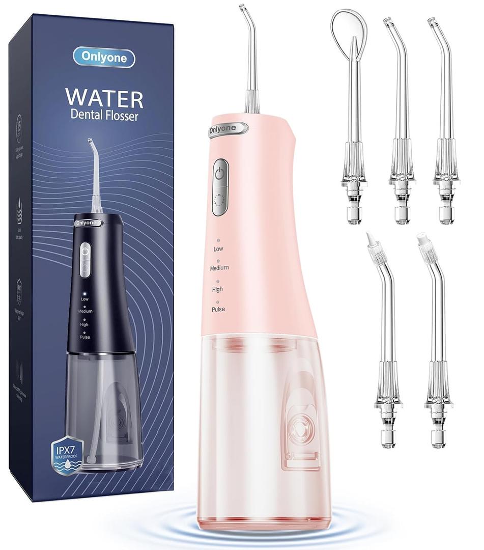 Onlyone Water Dental Flosser Pick for Teeth, 300ML Portable Oral Irrigator, Rechargeable Travel Irrigation Cleaner, Professional Electric Flossing Machine Birthday Gifts for Women,Mom,Girlfriend Pink