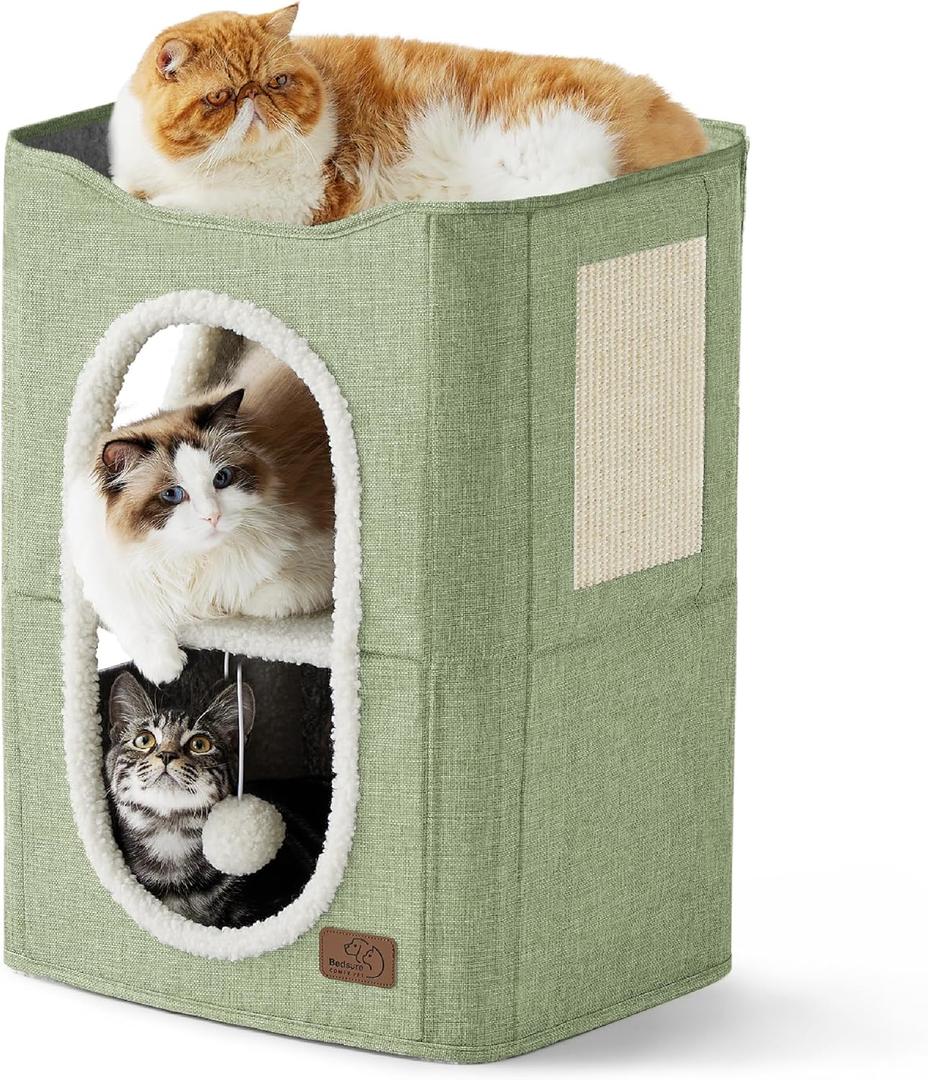 Bedsure 2 Story Cat House - Cat Condos for Indoor Cats with Scratch Pad and Fluffy Ball Hanging, Small Pet Cave Furniture Hideaway for Multi Pets, 18x14x23 inches, Green (Double)