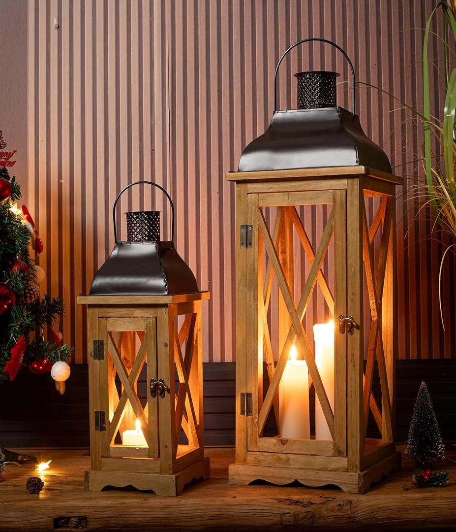 Venalys Farmhouse Wooden Metal Candle Lantern Set of 2, Rustic Large Decorative Floor Lanterns, Indoor/Outdoor Hurricane Lantern for Home Decor (No Glass)