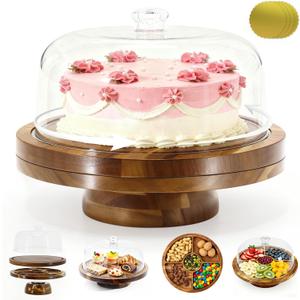 Wood Cake Stand with Dome Lid, 12 Inch Rotating Display Server Tray, Wooden Cake Display Stand with Acrylic Cover, Cake Holder Stand with 4 Bonus Cake Sheets for Birthday, Kitchen, Party, and Wedding Use