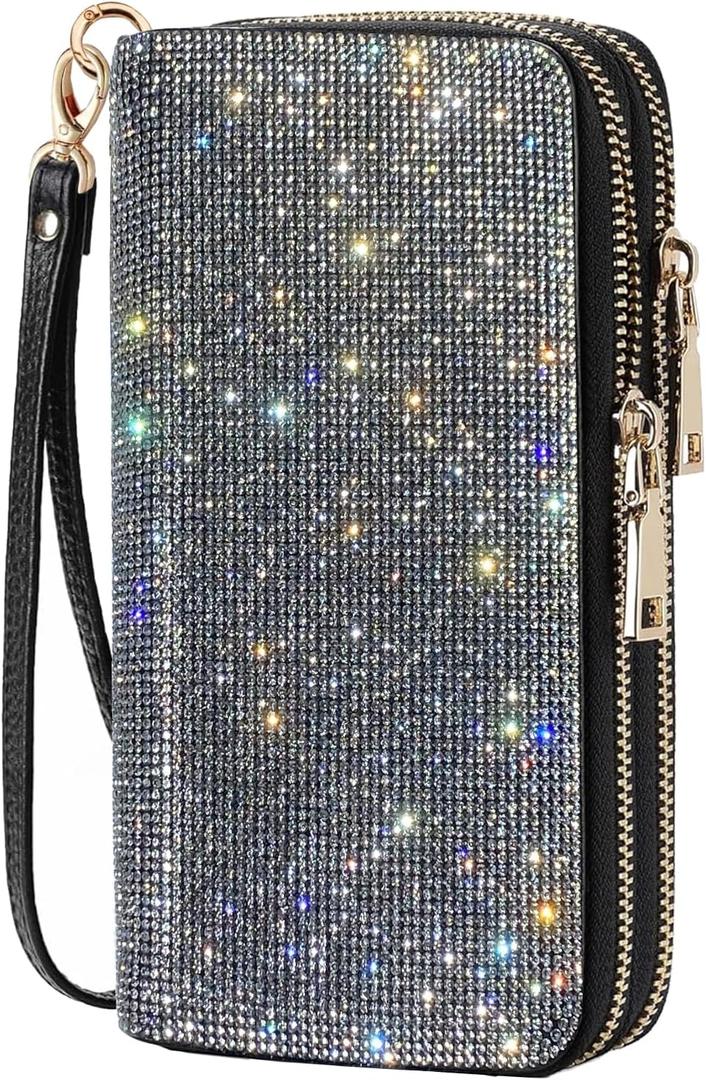 Women's Rhinestone Large Capacity Double Zipper Wristlet Clutch Purse Party Wallet Card Phone Holder (White Diamond)