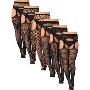 Jadive 6 Pairs Women Plus Size Fishnet Thigh High Stockings Suspender Garter Belt Lingerie Pantyhose Tights (X-Large-4X-Large, Black)