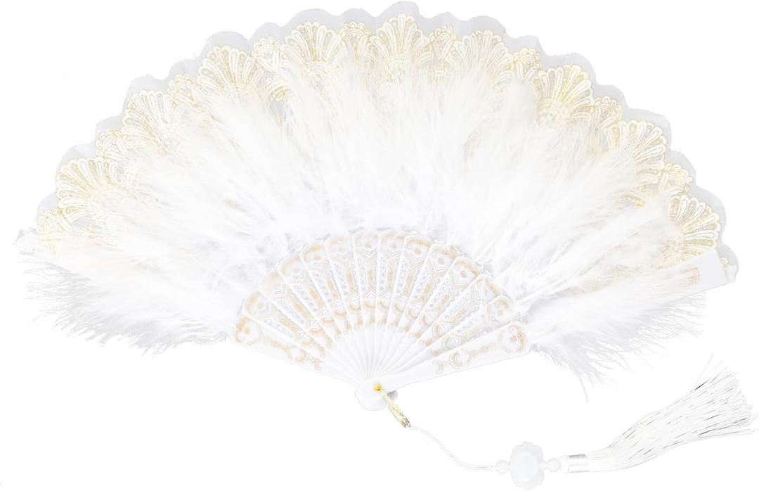 Fumwase Foldable Feather Fan Embroidered Flower Handheld Chinese Folding Fans 1920s Feather Fan Flapper Hand Fan for Costume Party Wedding Dancing Decoration (White)