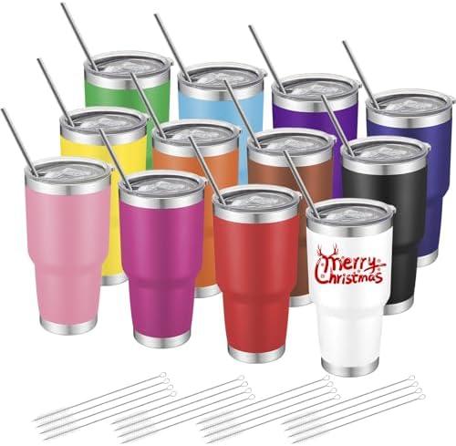 YOUKE OLA 12 Pack Insulated Tumbler - 30oz Stainless Steel Double Wall Vacuum Travel Coffee Tumbler Cup with Lid and Straw for Cold & Hot Drinks (Mixed Colors)