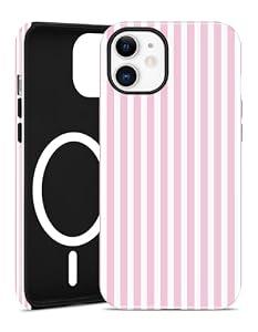 Jusy Compatible with MagSafe Striped Phone Case for iPhone 12/12 Pro, Cute Aesthetic Magnetic Soft TPU and Hard PC Protective Phone Cover for Women Girls (Matte) - Pink and White