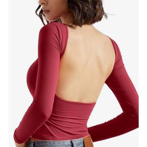 SUUKSESS Women Backless Going Out Tops Double Lined Open Back Basic Long Sleeve Red L