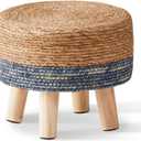 Cpintltr Foot Stool Natural Seagrass Hand Weave Poufs Round Ottoman for Couch Desk Soft Step Stool Padded Foot Rest with Non-Skid Pine Legs for Hallway Office Lounge Natural/Blue