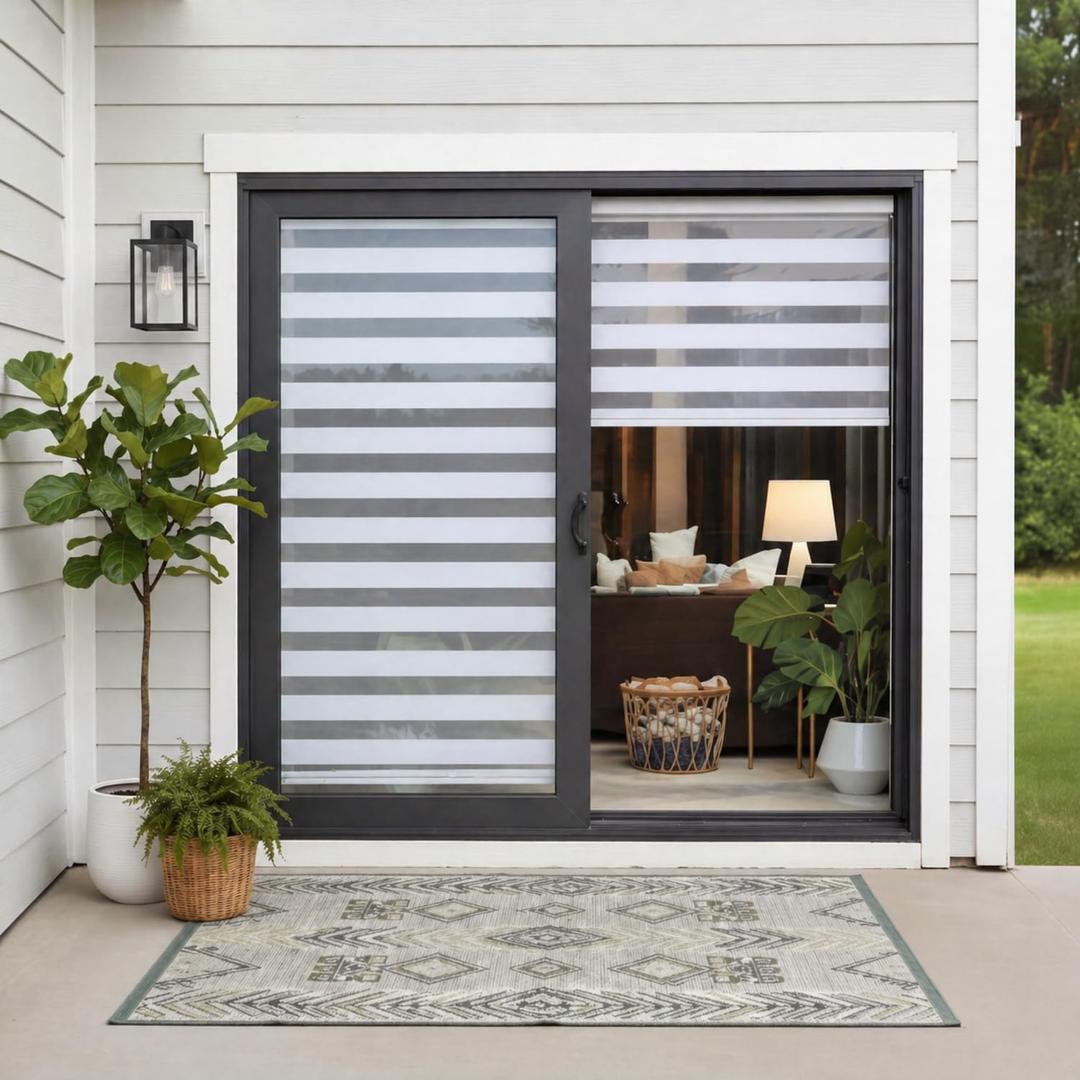 Tingjoo 2 Set 36 x 84 Inch Self Adhesive Zebra Blinds for Sliding Door Adjustable French Door Cordless Blind Sheer Shades Light Filtering Privacy Blinds 2 Ways to Install White for French Doors
