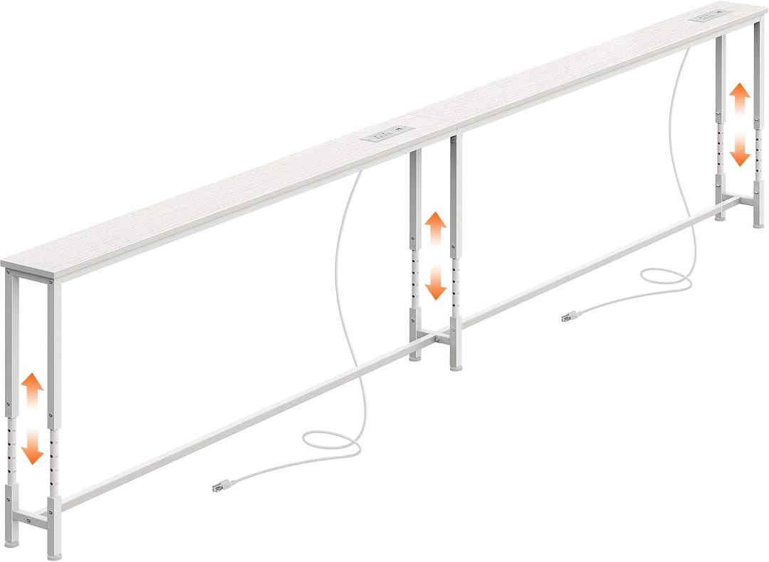 Huuger 110.2 Inch Sofa Table with Power Outlets, 23.9-34.4 Height Adjustable Range, Behind Couch Table with USB-C Ports, Sofa Tables Narrow Long, Skinny Console Table, for Small Spaces, White
