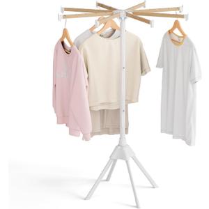 Wood Clothes Drying Rack, Foldable Collapsible Laundry Rack with 8 Adjustable Rods, Stable Space Saving Garment Organizer for Indoor Outdoor, Laundry Room, Bedroom, Bathroom, Balcony, RV, Camping
