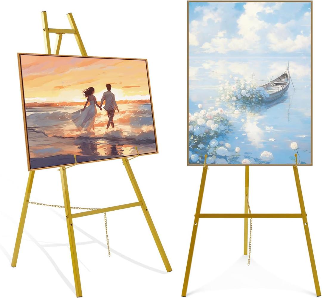 Gold Easel Stand for SignAdjustable Floor Heavy Duty Metal Display Easel for Wedding Signs, Art, Posters, Pictures Welcome Signs 4-Tier Height Commercial Display Easel for Parties & Galleries