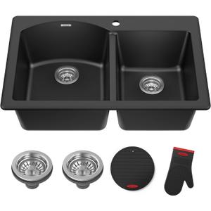 KRAUS Forteza 33-inch Drop In/Undermount 60/40 Double Bowl Granite Kitchen Sink in Black, KGD-50BLACK