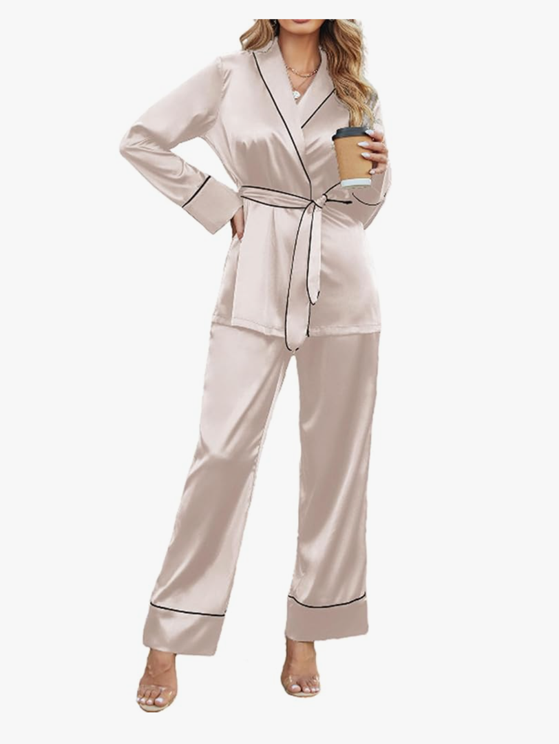 Ekouaer Satin Lounge Sets for Women 2 Pieces Silk Pajamas Set Long Sleeve Top with Pants Outfits with Belt, L
