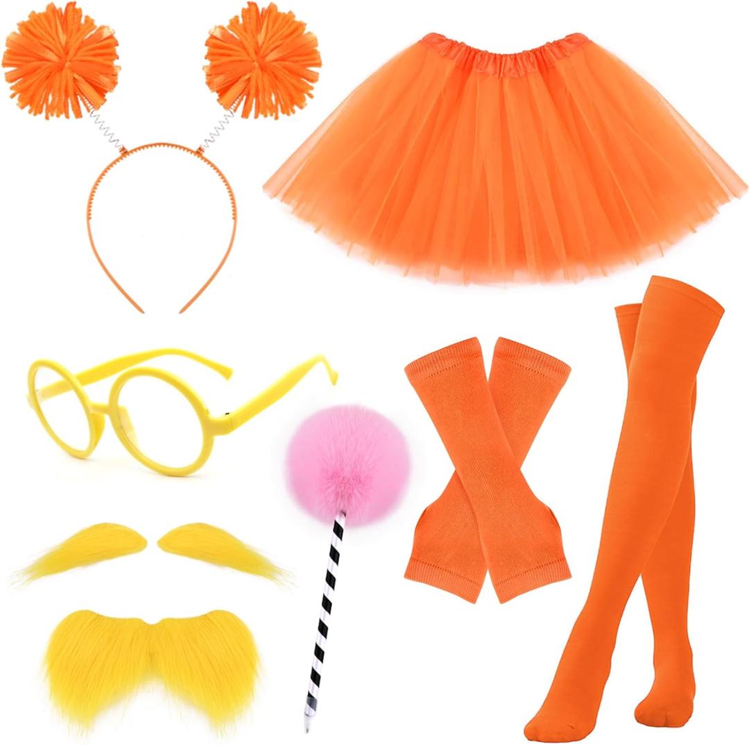 Orange Furry Character Costume Set with Orange Hair Headband Tutu Skirt Gloves Socks Mustache Eyebrows Glasses for World Book Day Cosplay