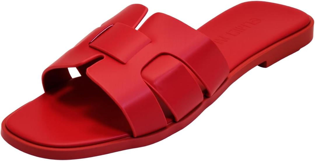 Women's Flat Sandals, Ladies Leather Cross Strap Slide Slippers, Comfy Dressy Slip on Shoes Elegant Summer Fall Spring Cute Open Toe Casual Footwear (8, Red)