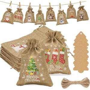 G2PLUS Christmas Drawstring Burlap Gift Bags - 24 Pack Christmas Advent Calendar Bags, 8 Designs 5x7 inches Gift Wrapping Bag with Xmas Tree Tags for Xmas Holiday Party Favors