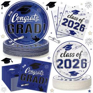 2026 Graduation Plates and Napkins, 9’’ Disposable Paper Plates 7’’ Dessert Plates with Blue Congrats GRAD Class of 2026 Party Supplies Tableware Set for Graduation Party Decorations Serve 50 Guests