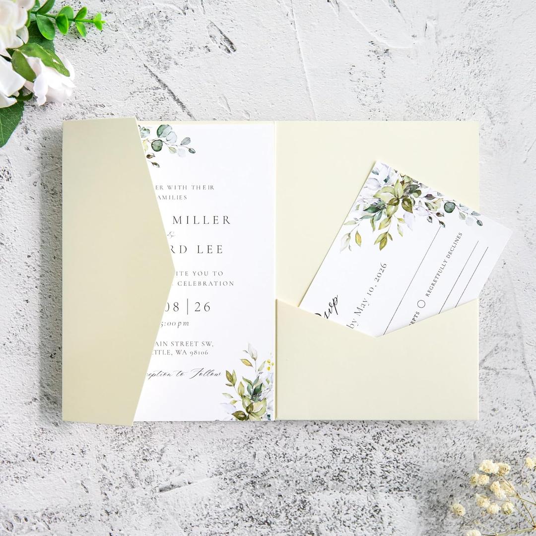 20Pcs 5.12x7.09 inch Tri-fold Cream Wedding Invitation Cards for Quinceanera Bridal Shower Baby Shower Party Invite