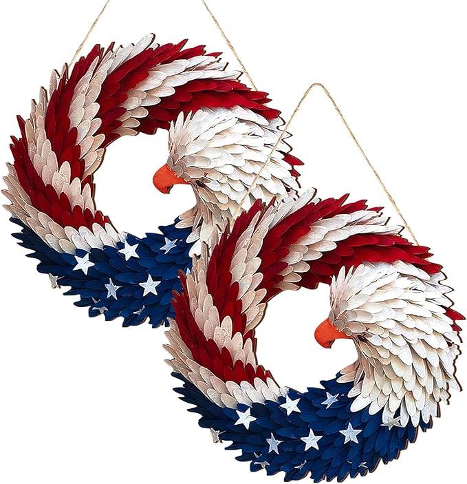 2 Pcs 4th of July Hanging Door Sign Eagle Wreath 250th Anniversary Decorations Patriotic Door Hanger American Wooden Plaque for Wall Front Porch Memorial Day Decor