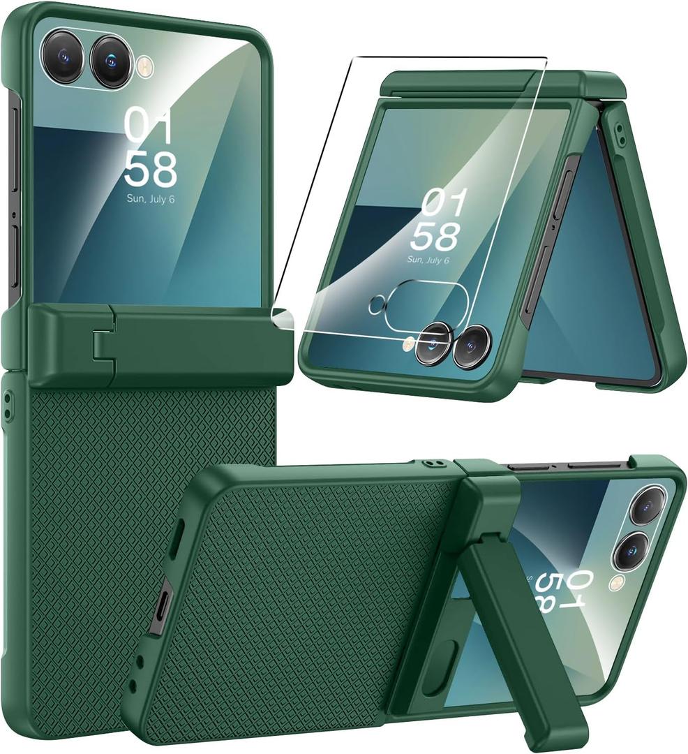 Miimall Rugged Case for Samsung Galaxy Z Flip 7 with Kickstand, Screen Protector & Hinge Protection, [Wireless Charging] Durable Drop Proof Full Body Protective Phone Cover Case for Z7 Flip 5G Green
