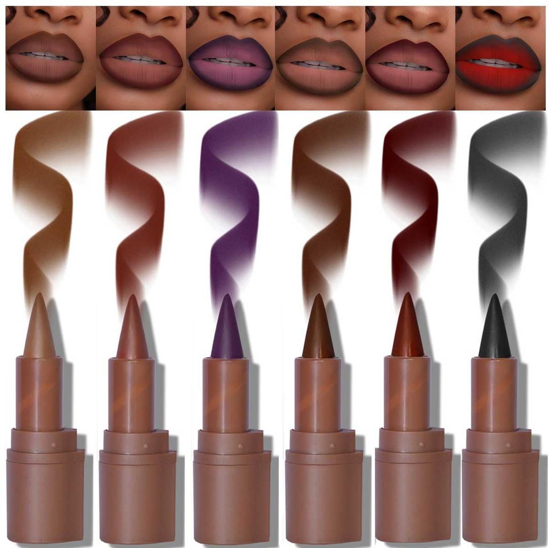 6PCS 2-in-1 Gradient Lip Liner and Lipstick Lip Combo Set - Achieve Flawless Contour and Gradual Ombre Effect with Easy-to-Use Crayon Form and Cone Tip, Dark Brown Black Lip Liner Set