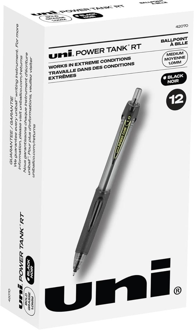 uniball Power Tank Retractable Ballpoint Pens, Pack Of 12, Broad Point, 1.0 mm, Black Barrel, Black Ink