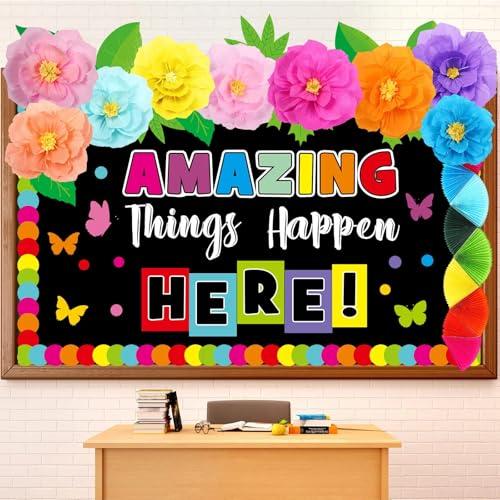 Fullhawl 3D Amazing Things Happen Here Bulletin Board Decorations Flower Classroom Themes Decor Sets Welcome Back to School Inspirational Colorful Rainbow Bulletin Board Cutout Letter Border (Floral)