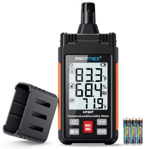 HT607 Temperature Humidity Meter High Precision Digital Hygrometer with Ambient, Relative Humidity, Dew Point, Wet Bulb Thermometer, Min/Max Hold, LCD Backlight with Cover Protector