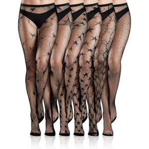 Ramede 6 Pairs Halloween Fishnet Stockings for Women Black Lace Patterned Tights Star Thigh High Waist Leggings Tights (X-Large)