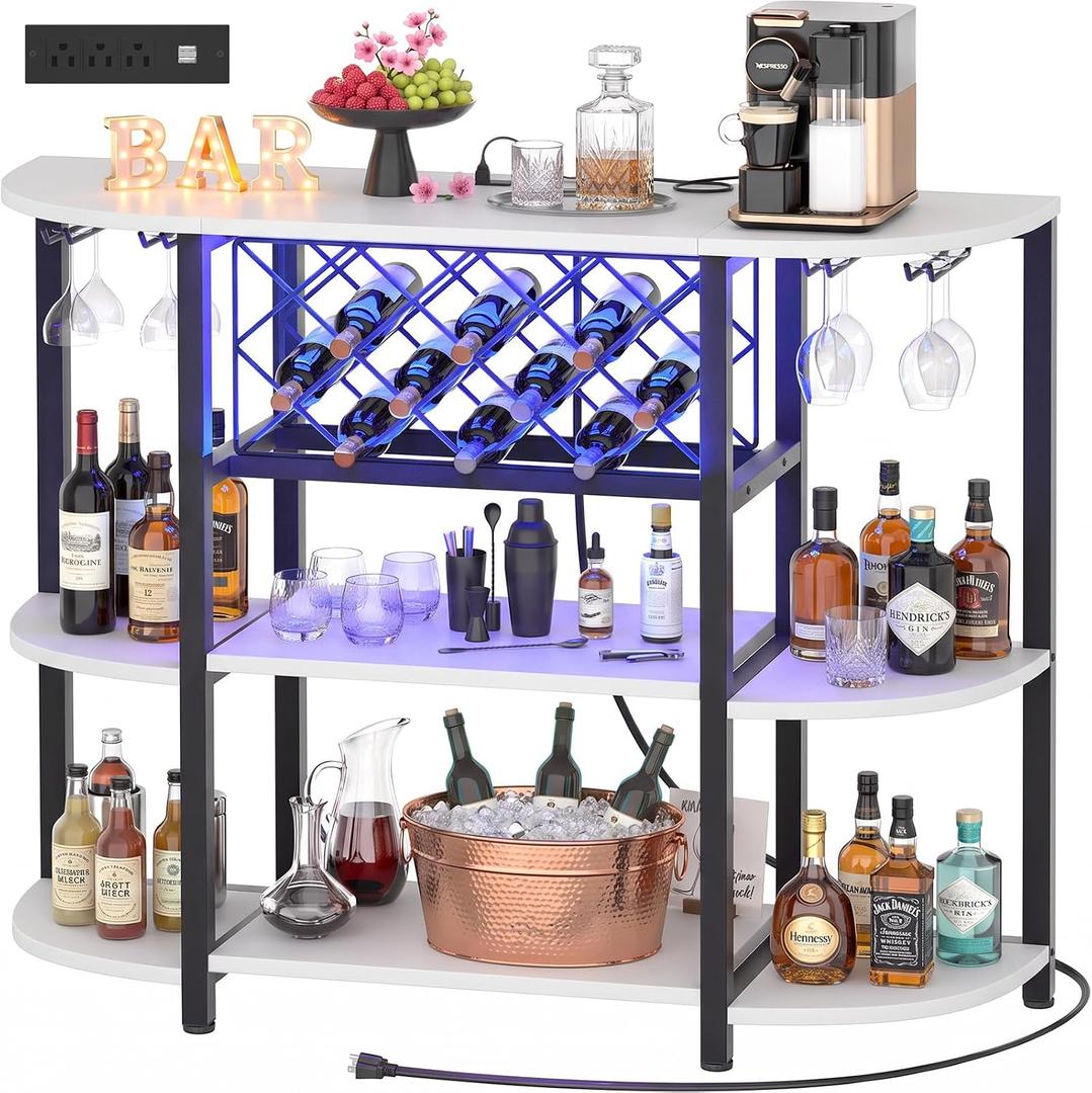 Unikito Wine Bar Cabinet with LED Lights and AC Outlets with USB-C Ports, 4-Tier