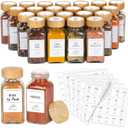 AuroTrends Glass Spice Jars with Bamboo Lids 6oz 24Pack, Spice Jars with Label Complete Set-6oz Spice Containers with Blank & Pre-printed Spice Labels and Straw Brush (6oz 24Pack, Bamboo Lids)