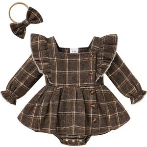 Newborn Baby Girl Fall Winter Clothes Plaid Long Sleeve Romper Buttons Outfit Ruffles Dress with Bow Headband (0-3 Months)
