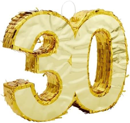Gold Foil Number 30 Pinata for Birthday Party Decorations Centerpieces Anniversary Celebrations (Small 16.5 X 13 in) Wood
