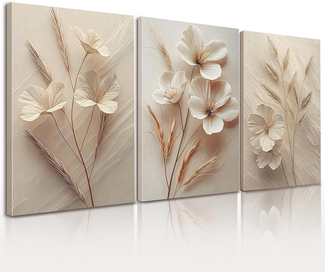 3 Pcs Floral Canvas Wall Art, Minimalist Cream Plant Pictures Wall Decor, Beige Botanical Canvas Prints, Spring Modern Farmhouse Paintings, Organic Artwork for Living Room Bedroom Bathroom 12x16 Inch