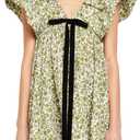 hibshaby Women's Floral Print Mini Dress V Neck Puff Sleeve Dress Short Babydoll Bow Dress (Large, Printed Green)